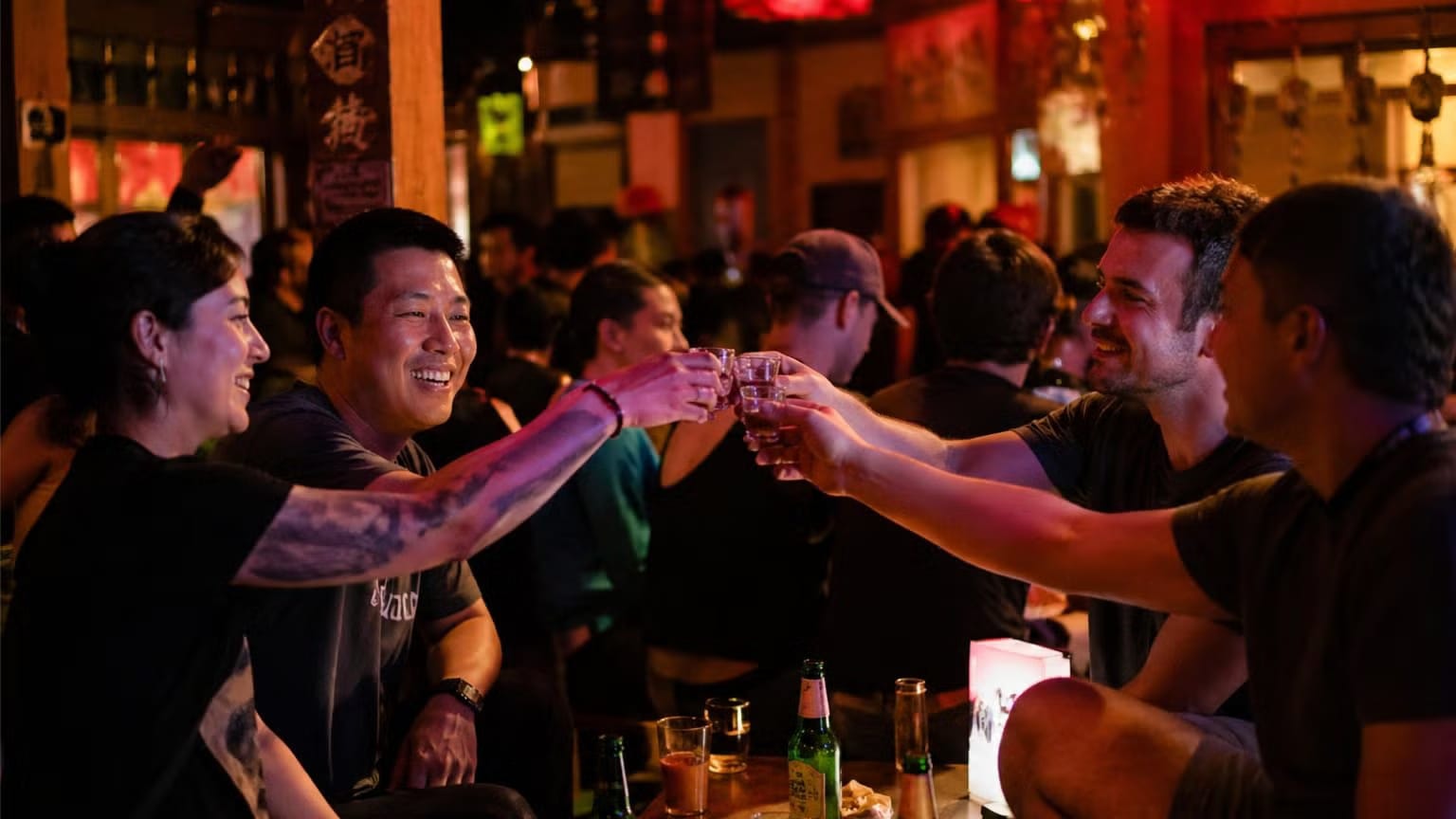 Friends cheersing at a bar crawl meetup